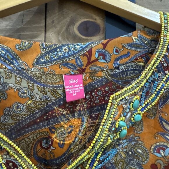Raj 100% Silk Ladies Orange Boho Long Tunic Top Swim Cover Embroidered Med M - Picture 3 of 4